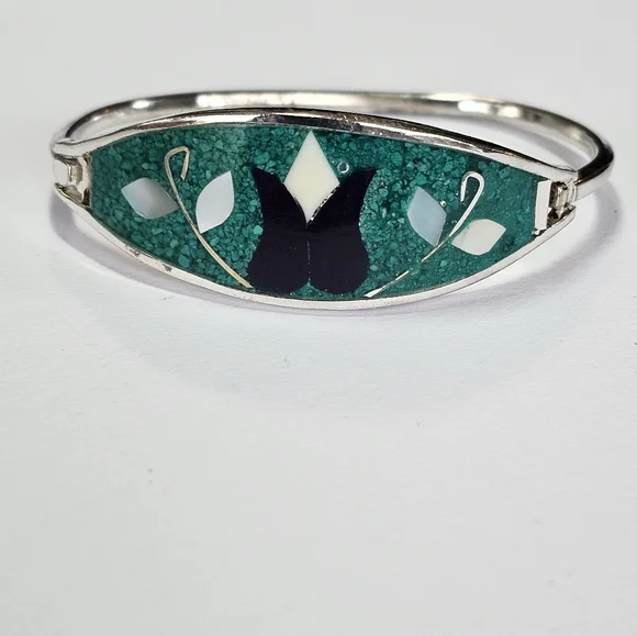 Vintage 3 Crushed Turquoise & Abalone Alpaca Silver Bracelets! - Picture 5 of 10